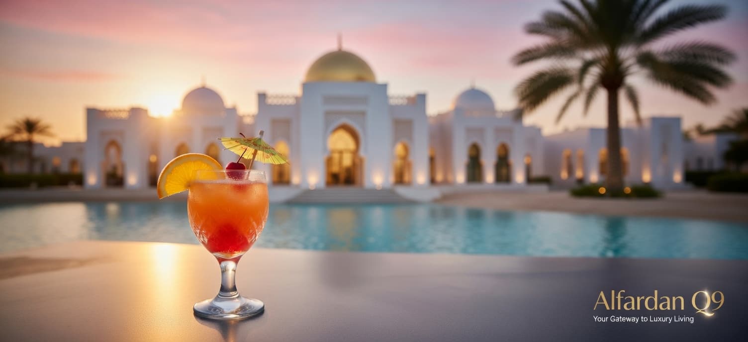 Al Fardan Q9, your gateway to luxury living: a Dubai palace and infinity pool at sunset